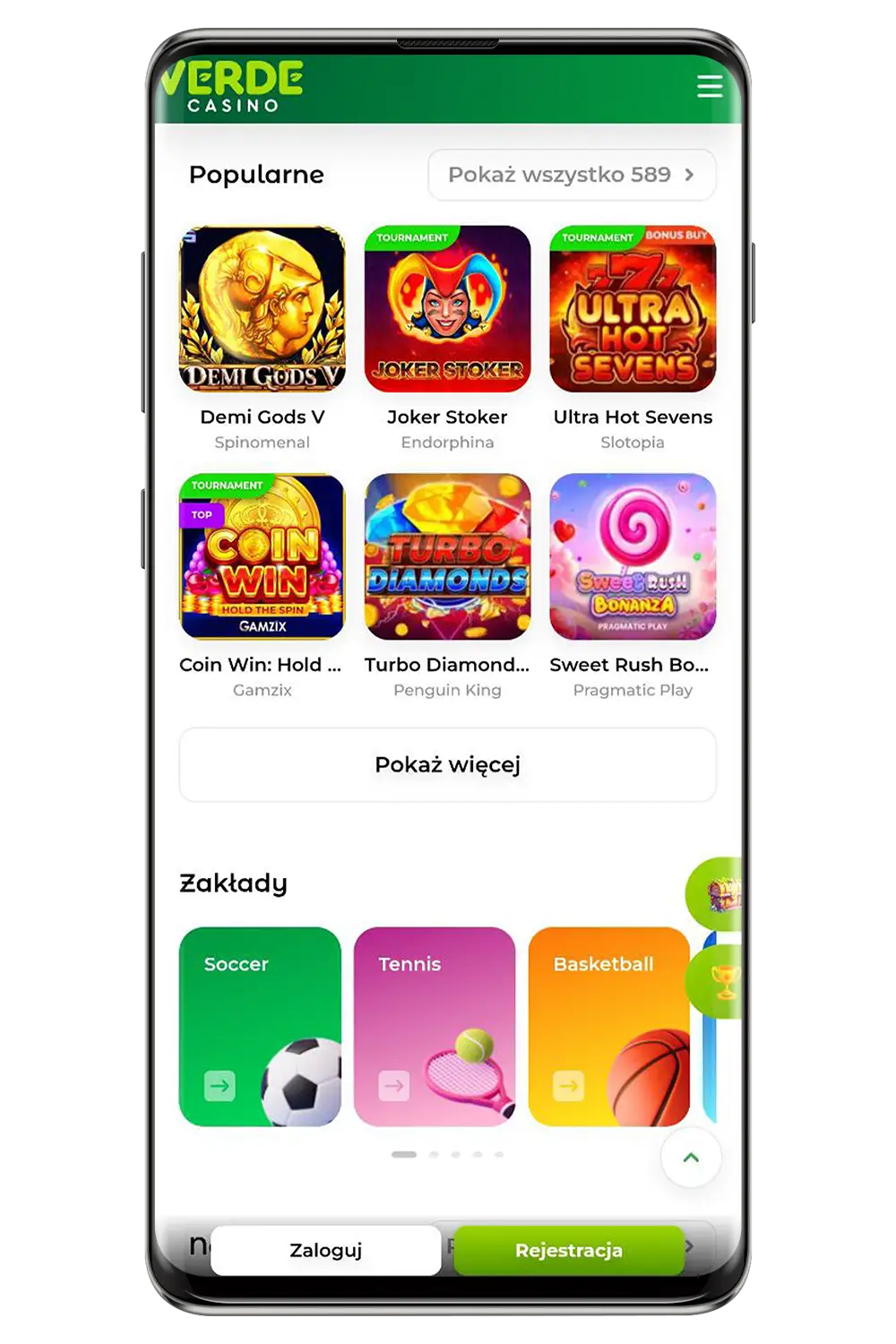Zrzuty ekranu oficjalnej strony internetowej Verde kasyno