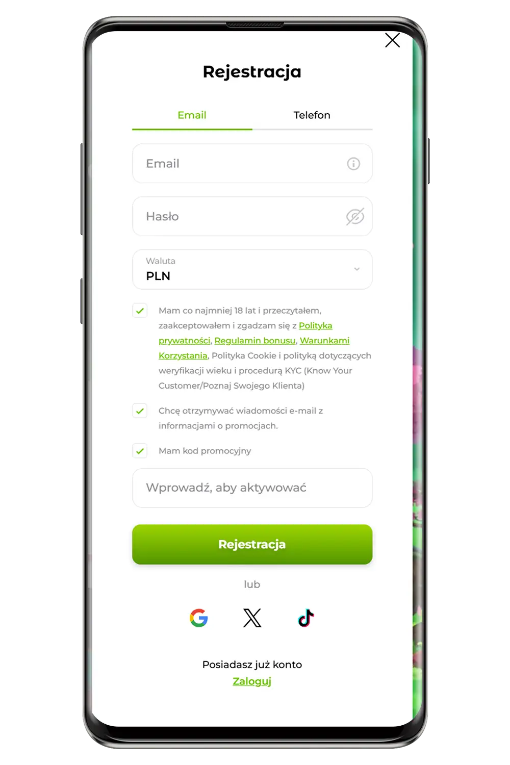 Zrzuty ekranu oficjalnej strony internetowej Verde kasyno